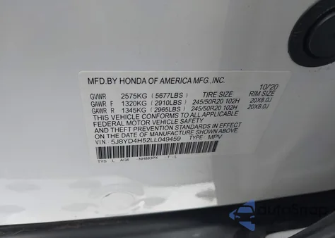 2020 Acura Mdx Technology Package из США, поврежденный, VIN 5J8YD4H52LL049459